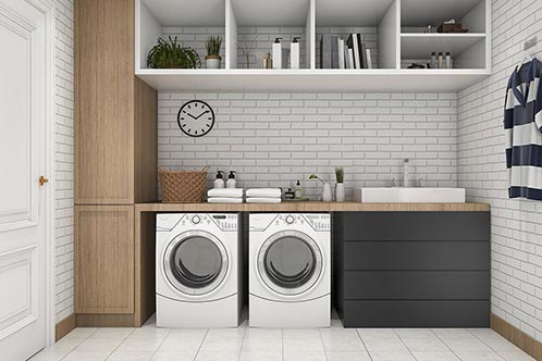 3D Rendering Wood Minimal Laundry Room With Shelf Plant Photo